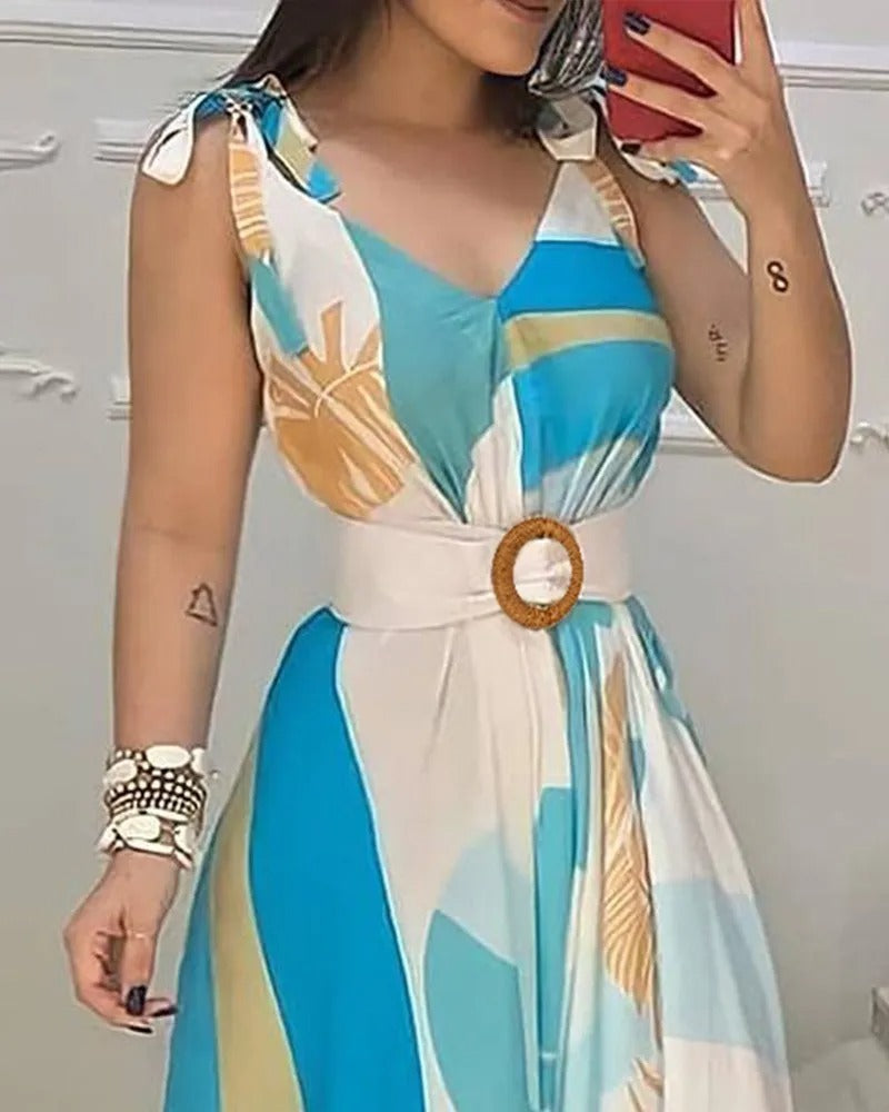 Vestido Estampado Longo Decote em V Maria Luiza