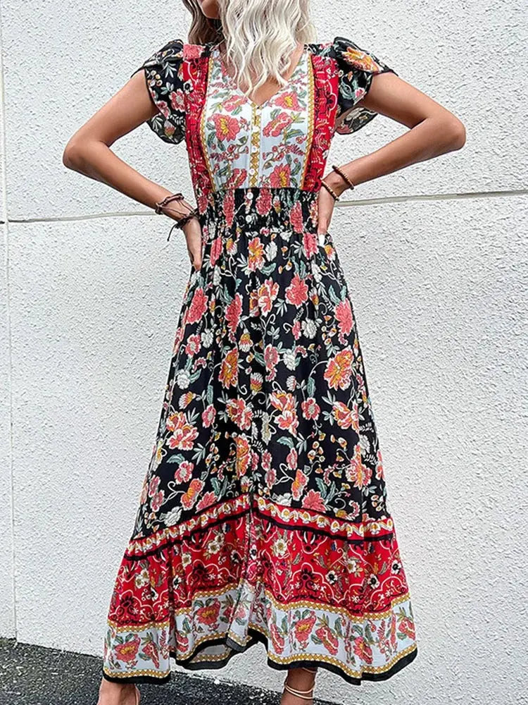 Vestidos Midi Estampados Manga Curta Decote em V Eliza