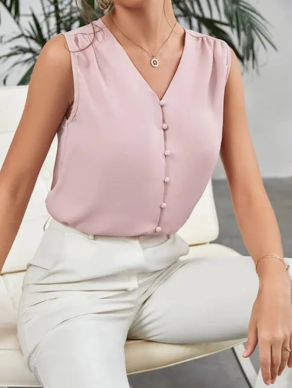Blusa Feminina Botões Gola em V Rosa e Preto  HumArraso
