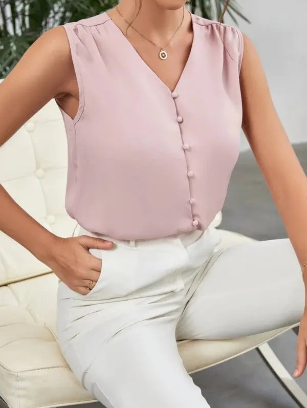 Blusa Feminina Botões Gola em V Rosa e Preto  HumArraso