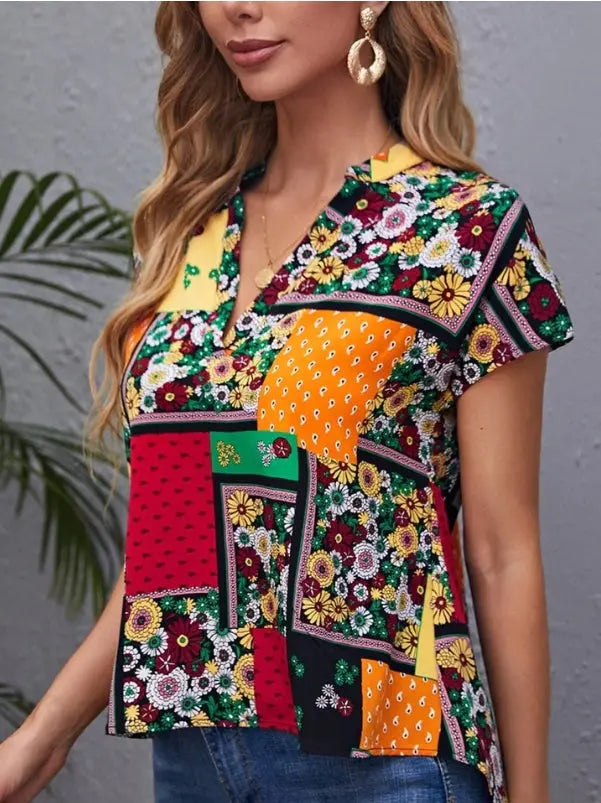 Blusa Feminina Retalhos Manga Curta Flor  HumArraso