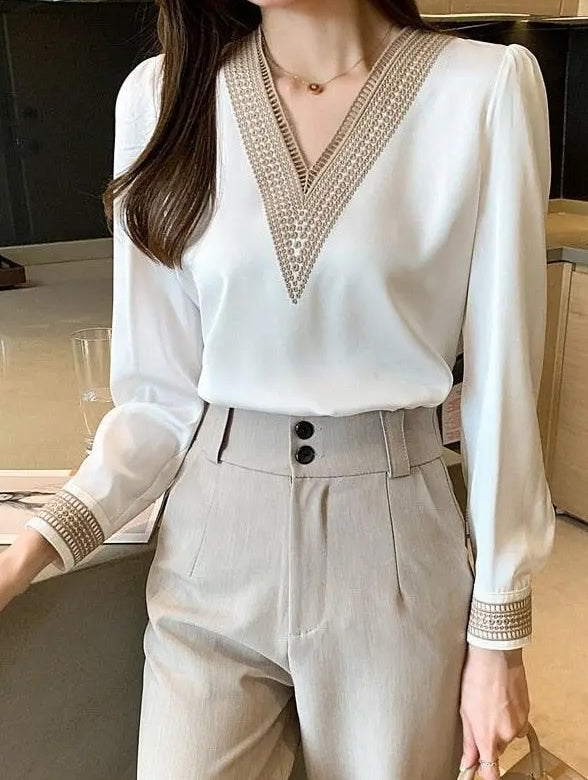Blusa Gola em V Manga Longa Rubi  HumArraso