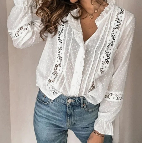 Camisa Feminina de Renda com Botões Larissa Branco3G HumArraso