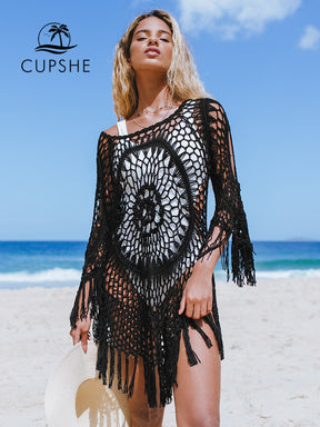 CUPSHE White Crochet Bikini Cover Up with Fringe Trim Women Sexy Hollow Tunic Beach Dress 2022 Summer Bathing Suit Beachwear - HumArraso