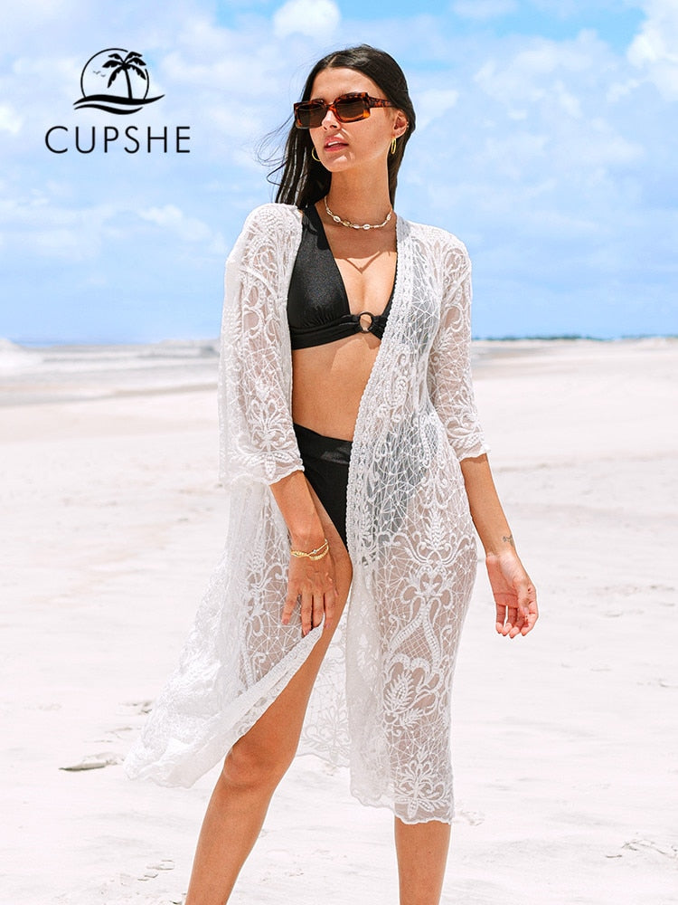 CUPSHE White Crochet Bikini Cover Up with Fringe Trim Women Sexy Hollow Tunic Beach Dress 2022 Summer Bathing Suit Beachwear - HumArraso