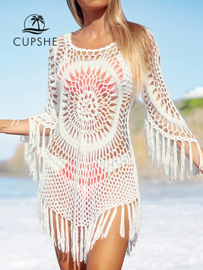 CUPSHE White Crochet Bikini Cover Up with Fringe Trim Women Sexy Hollow Tunic Beach Dress 2022 Summer Bathing Suit Beachwear - HumArraso