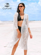 CUPSHE White Crochet Bikini Cover Up with Fringe Trim Women Sexy Hollow Tunic Beach Dress 2022 Summer Bathing Suit Beachwear - HumArraso