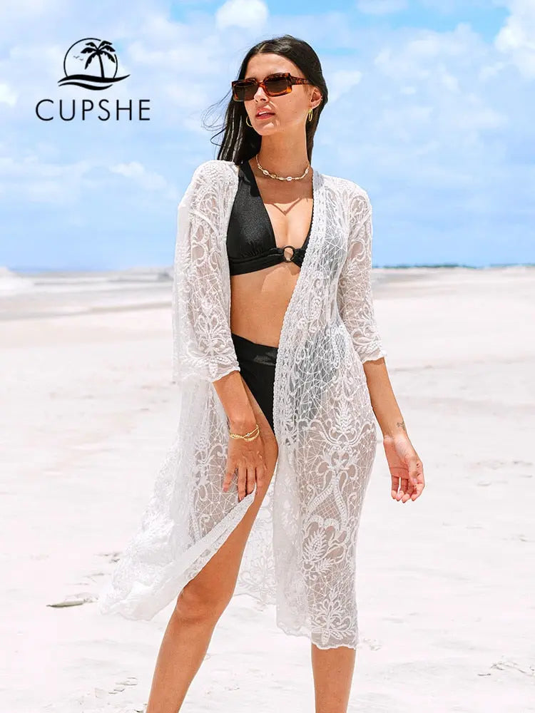 CUPSHE White Crochet Bikini Cover Up with Fringe Trim Women Sexy Hollow Tunic Beach Dress 2022 Summer Bathing Suit Beachwear - HumArraso