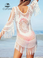 CUPSHE White Crochet Bikini Cover Up with Fringe Trim Women Sexy Hollow Tunic Beach Dress 2022 Summer Bathing Suit Beachwear - HumArraso
