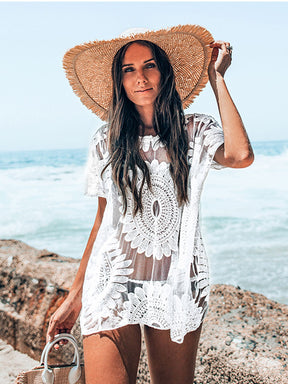 CUPSHE White Crochet Bikini Cover Up with Fringe Trim Women Sexy Hollow Tunic Beach Dress 2022 Summer Bathing Suit Beachwear - HumArraso