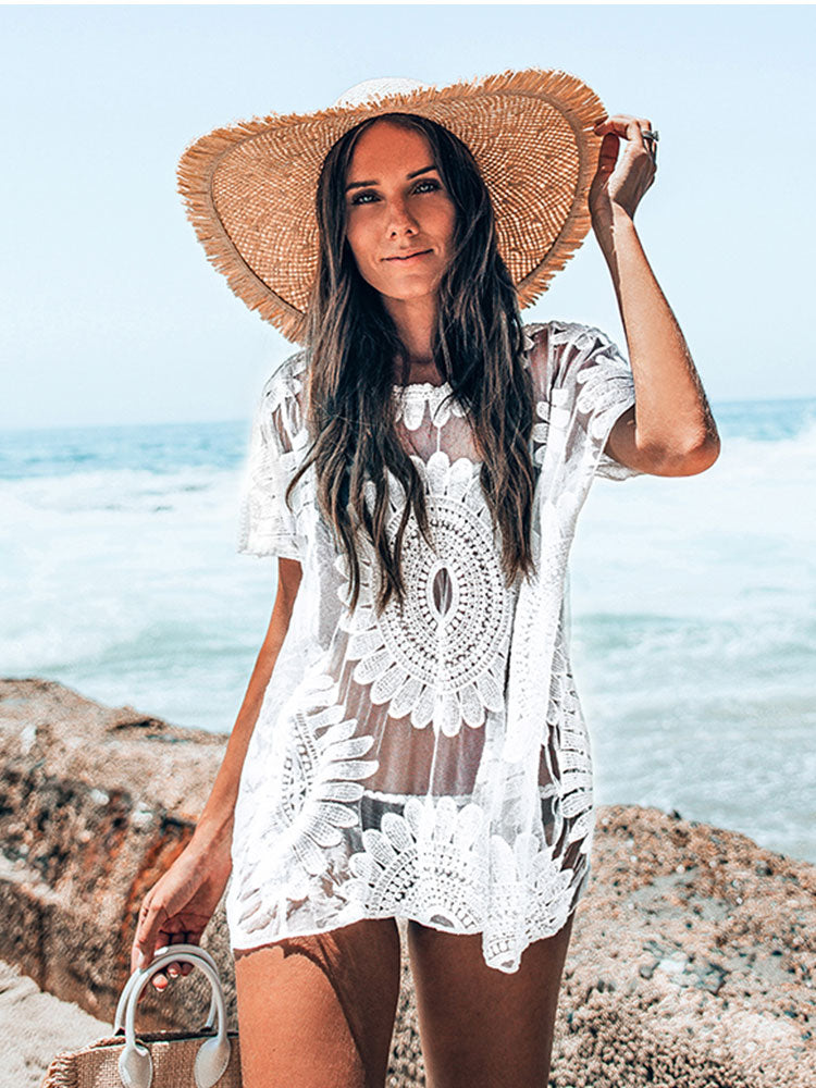 CUPSHE White Crochet Bikini Cover Up with Fringe Trim Women Sexy Hollow Tunic Beach Dress 2022 Summer Bathing Suit Beachwear - HumArraso